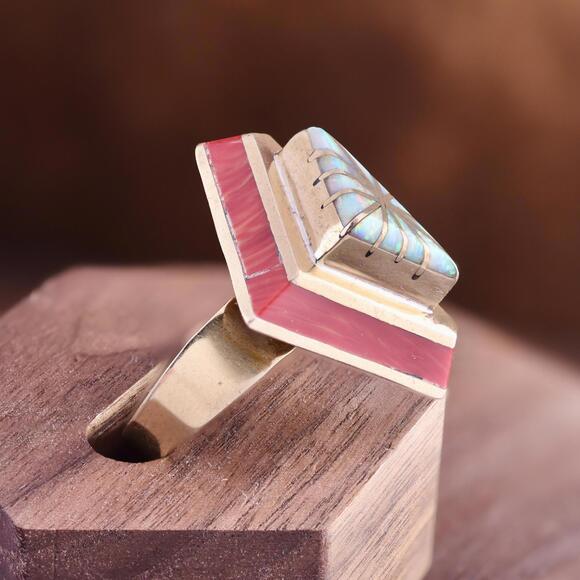 Vintage Larry Castillo Navajo Brass Coral Opal Inlay Brutalist SW Ring Size 9.25 - Picture 5 of 11